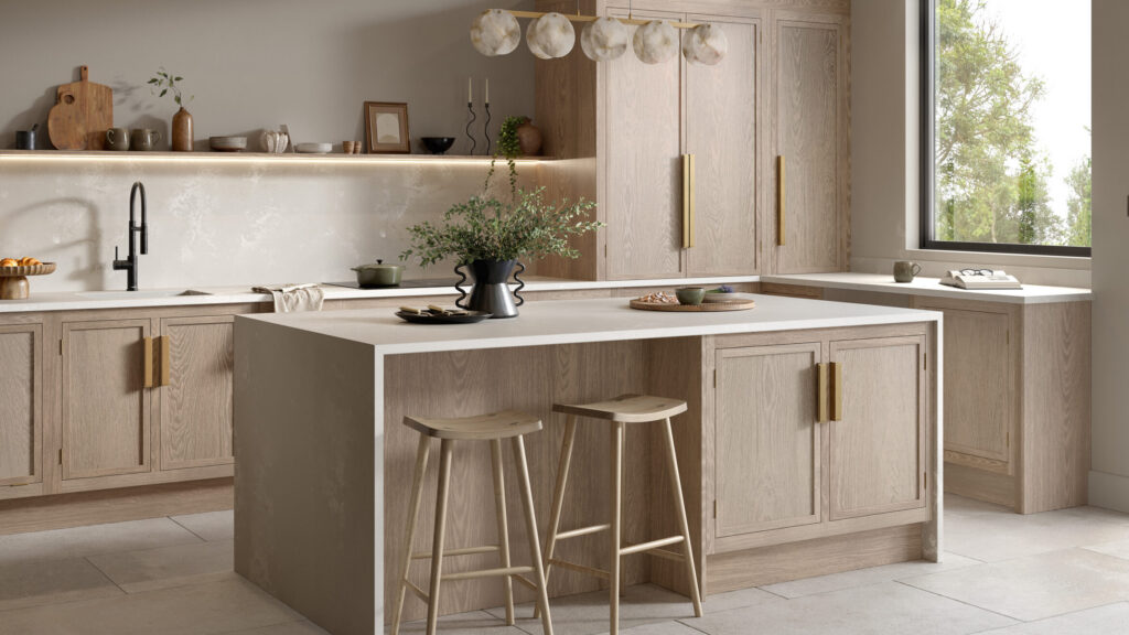 Solid wood micro shaker kitchen with light wood cabinetry, open shelving and a breakfast bar