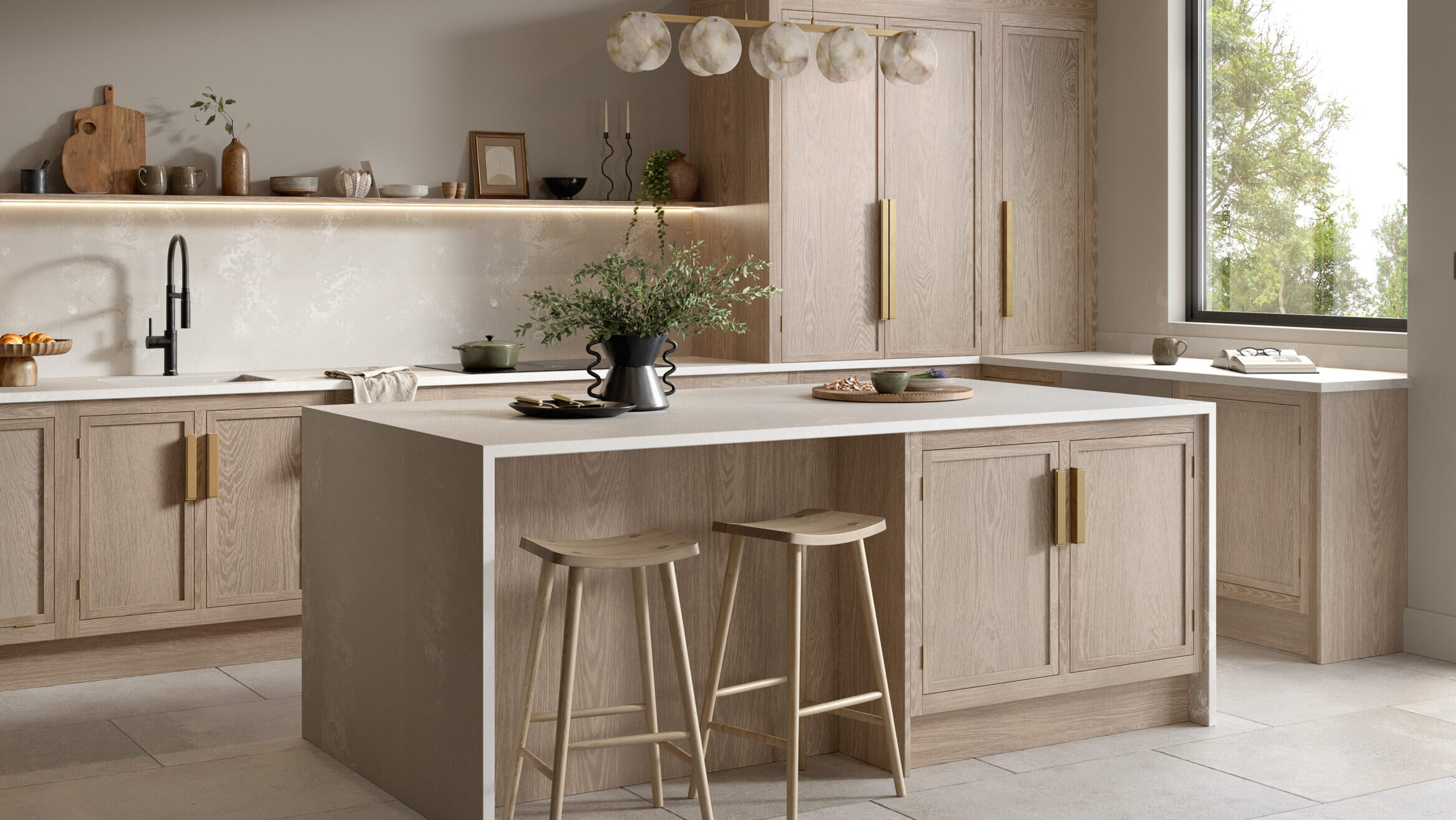 Solid wood micro shaker kitchen with light wood cabinetry, open shelving and a breakfast bar