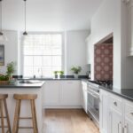 White Arbor kitchen cabinetry featuring black worktops