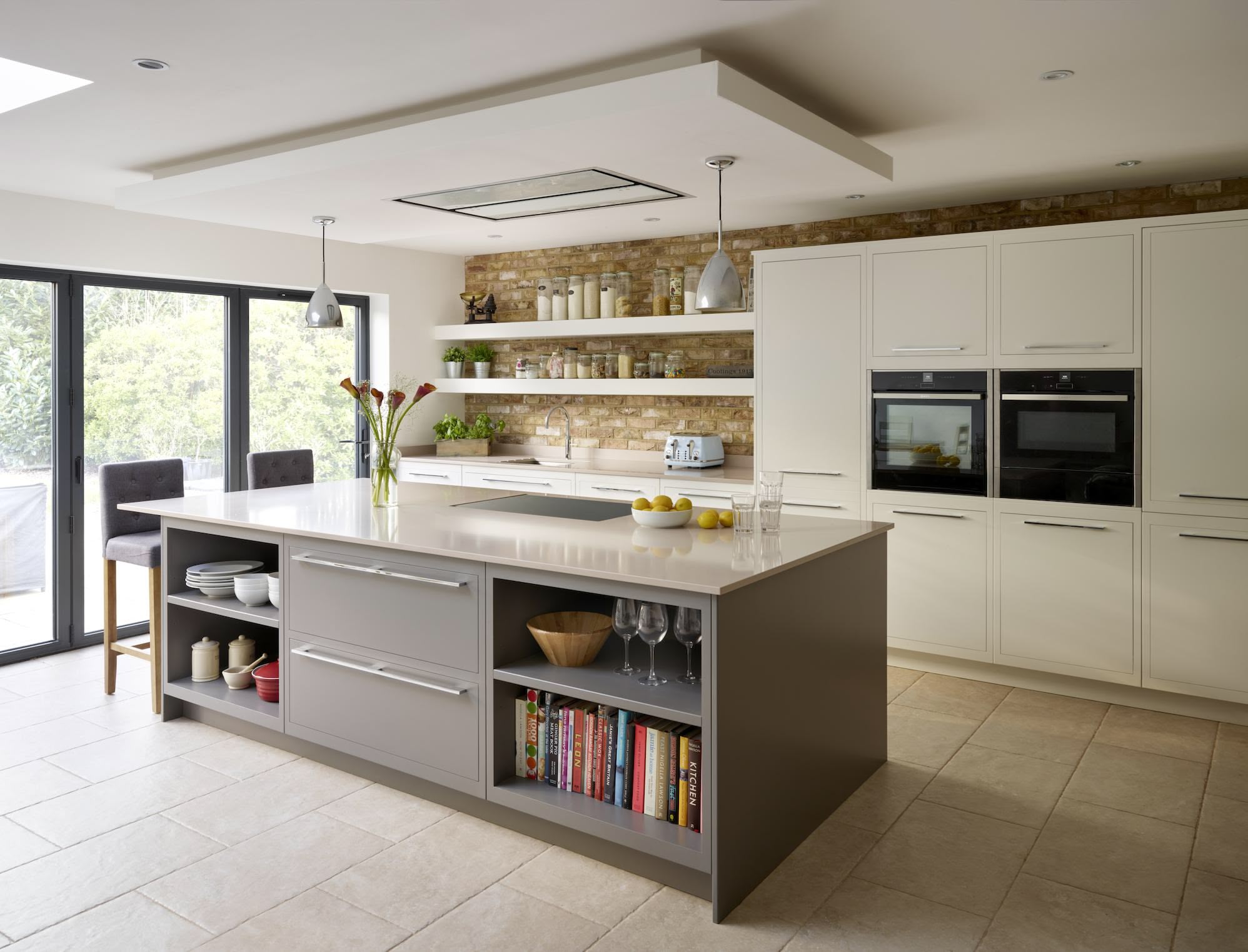 Grey Linear Edge kitchen island with beige worktop