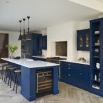 Navy Shaker kitchen island with integrated wine fridge