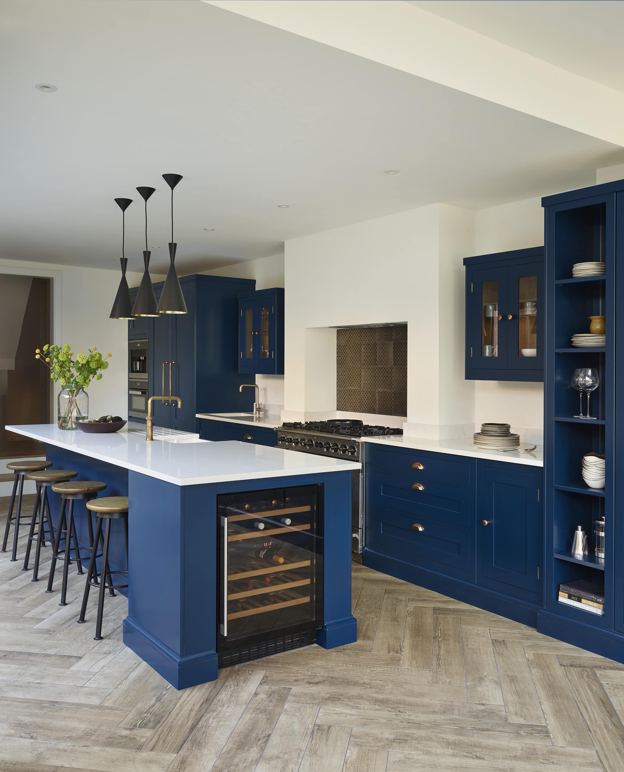Navy Shaker kitchen island with integrated wine fridge