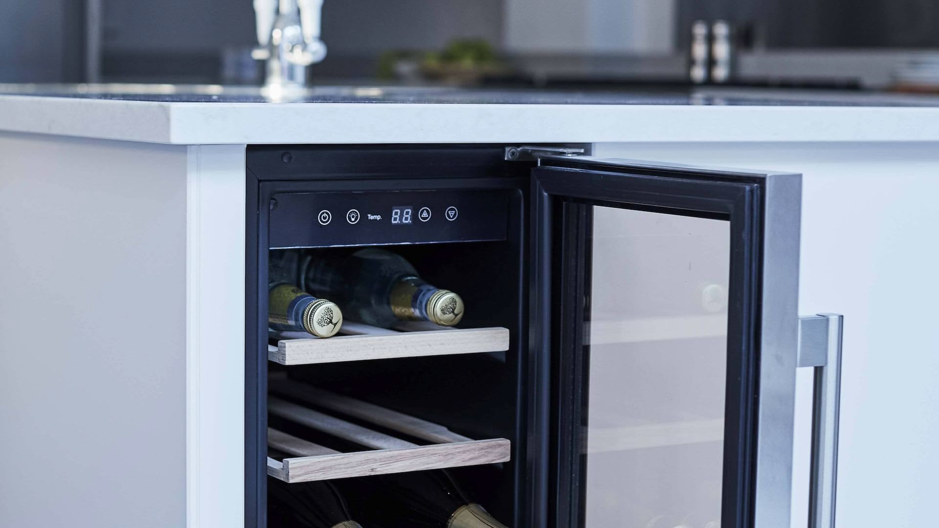 Closeup of kitchen island wine cooler