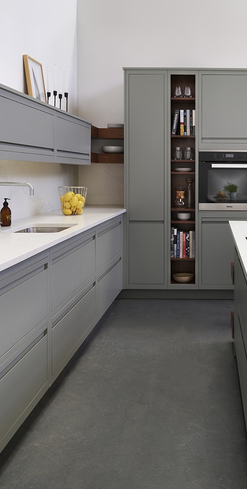 Harvey Jones Linear Edge kitchen design featuring grey cabinetry