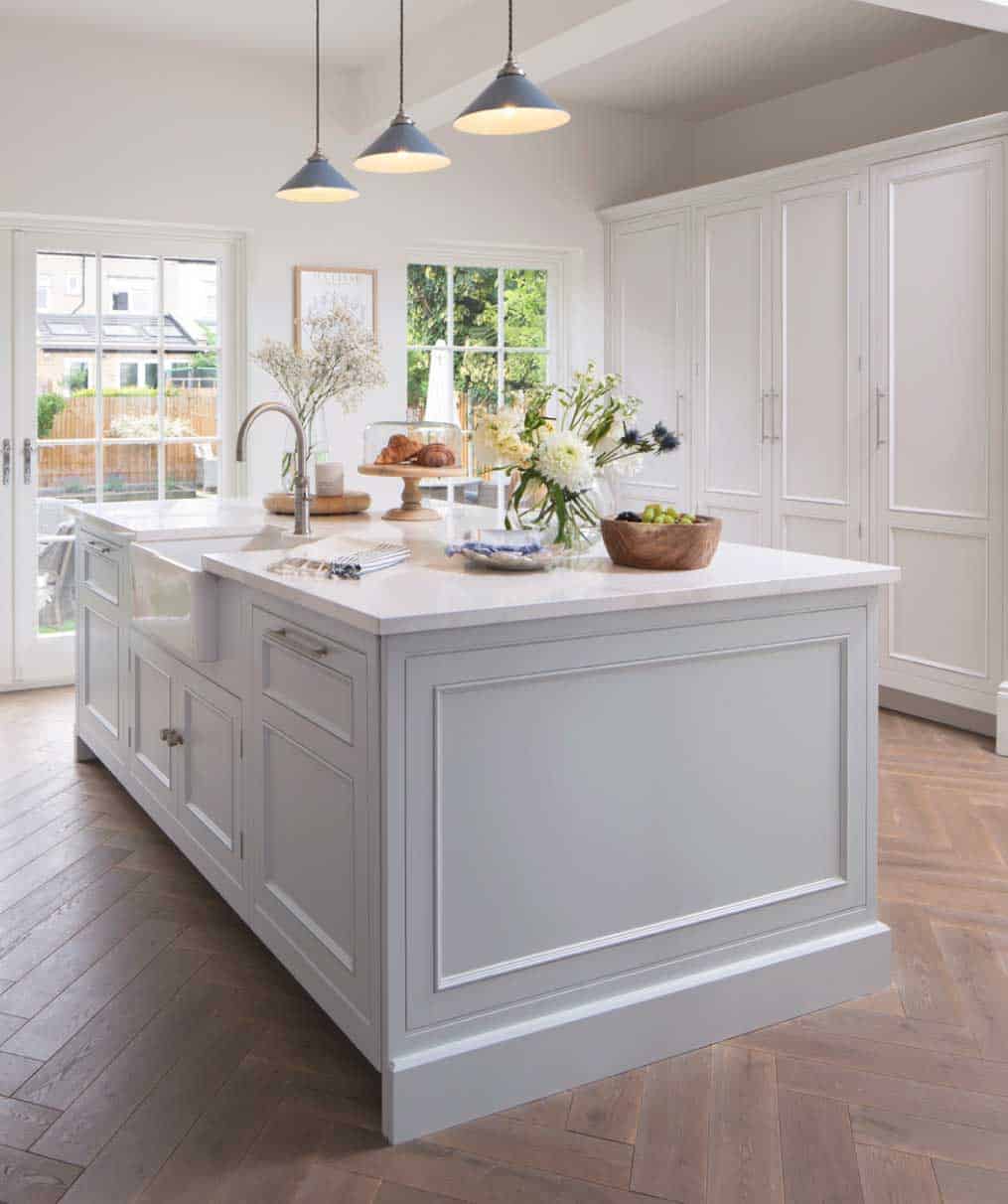 Light grey Original kitchen island with white worktop