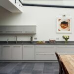 Grey Linear kitchen design with black worktop