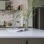 Grey Arbor kitchen island with white worktop