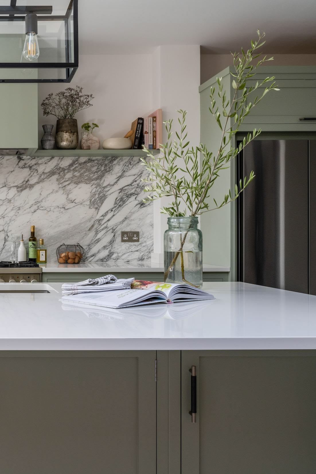 Grey Arbor kitchen island with white worktop