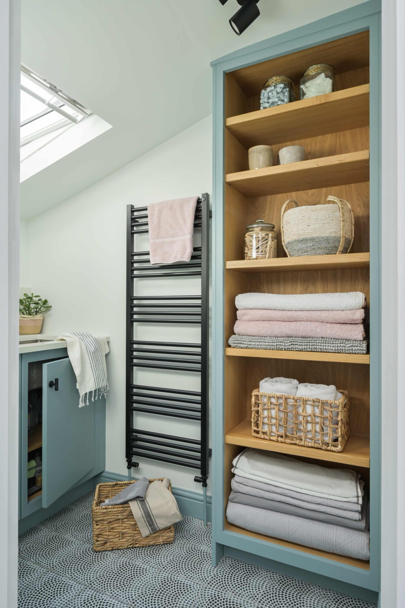 Bathroom Arbor shelving unit and grey cabinetry