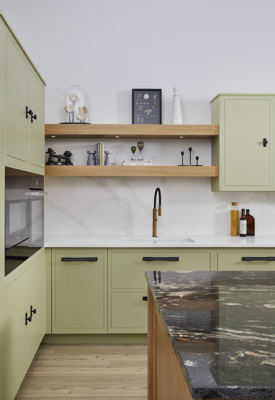 Contemporary Linear kitchen featuring bold green paint