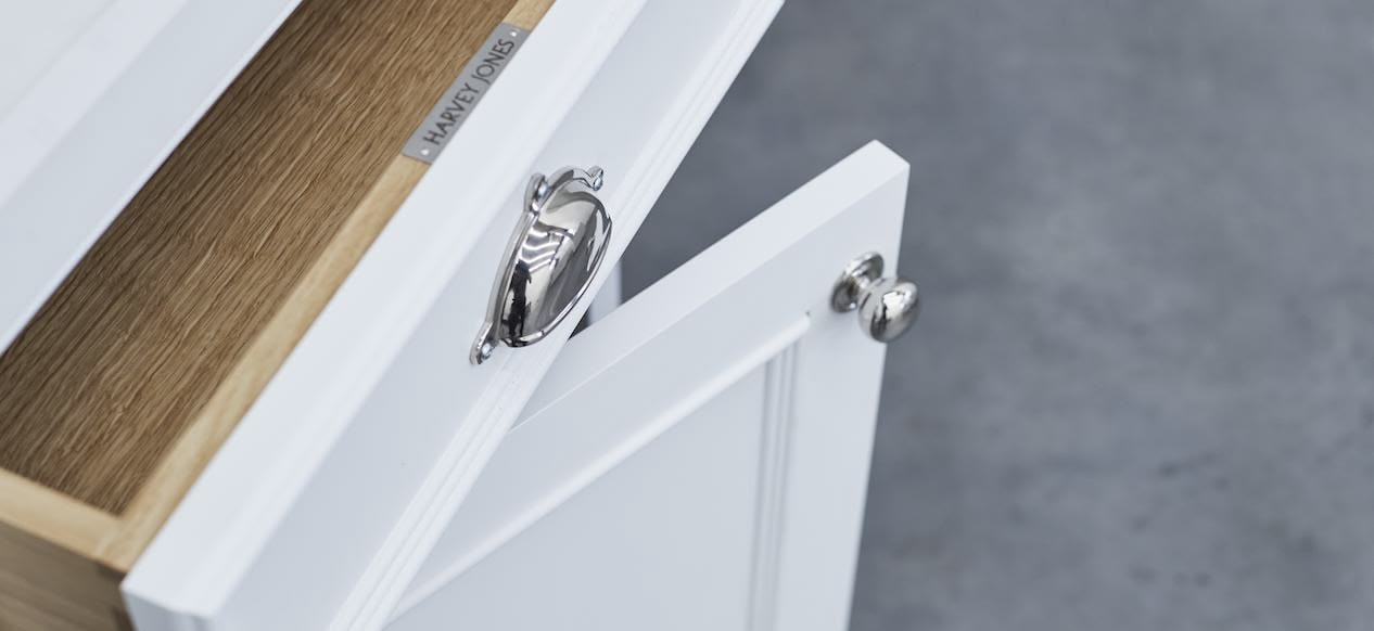 Closeup of white kitchen cabinetry with silver handles