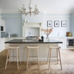 Off-white Original kitchen design with pale blue walls