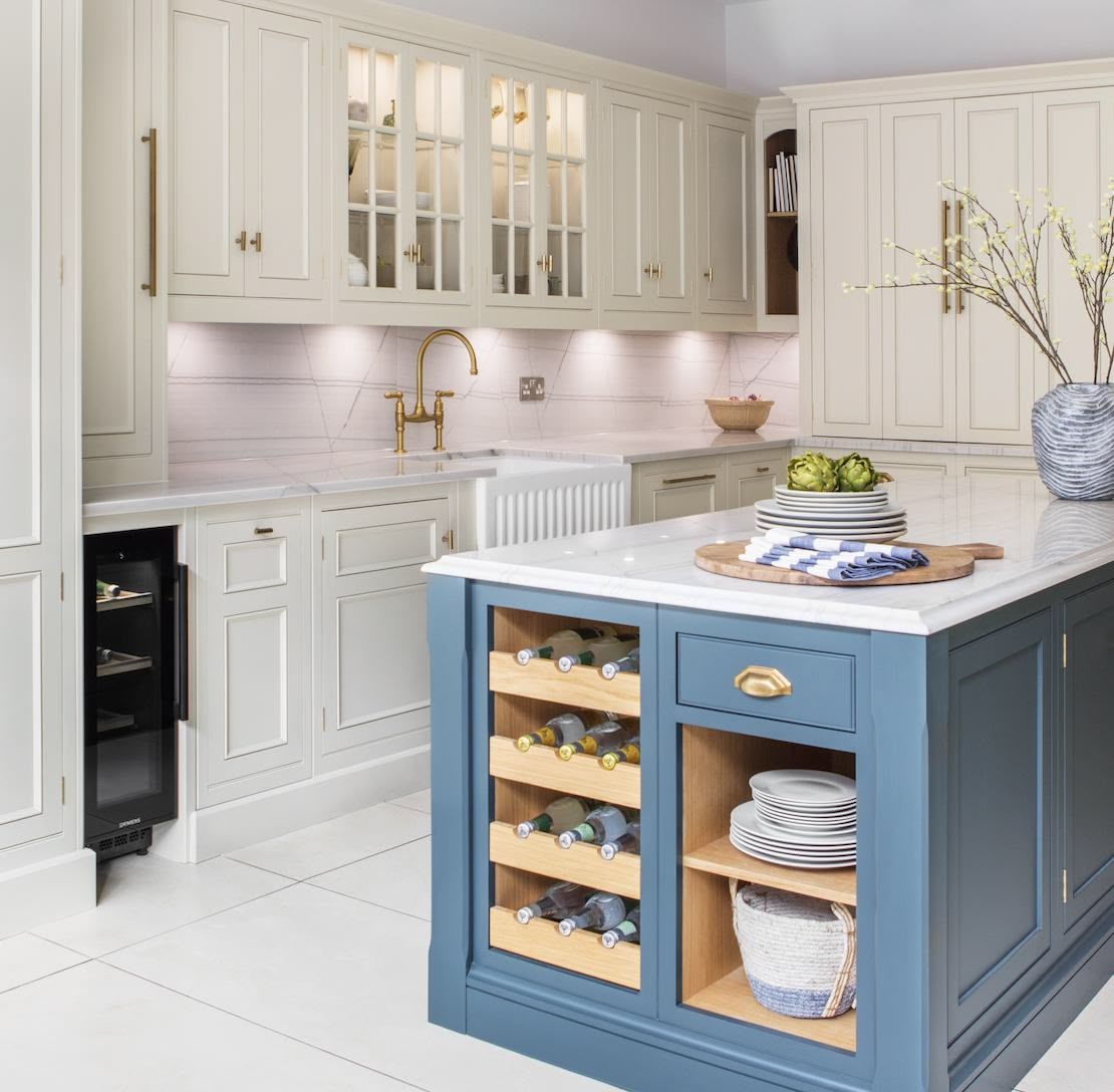 Blue kitchen island with wine rack