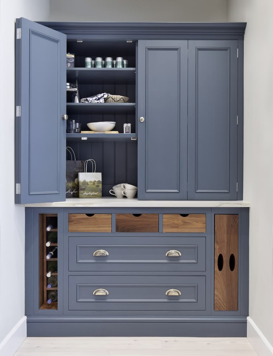 Blue kitchen dresser with wine rack