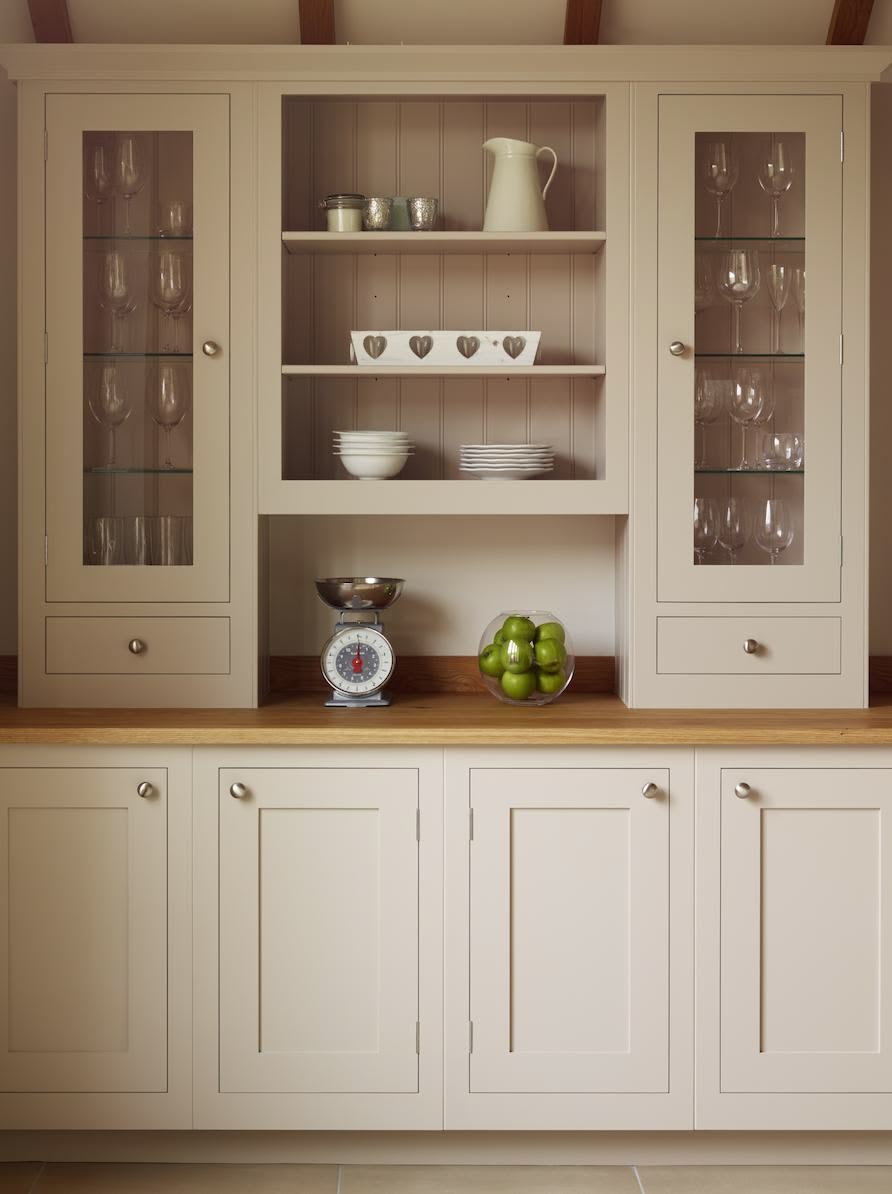 Harvey Jones cream kitchen dresser open to show organised shelving