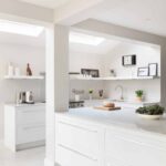 Bright Linear kitchen design featuring white kitchen cabinetry