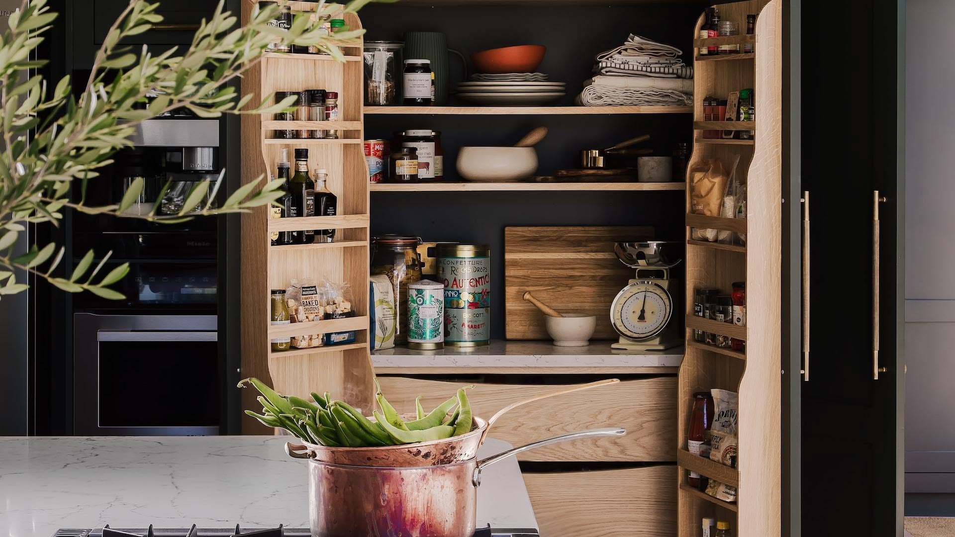 Wooden Pantry Cupboard with Dark Green Background