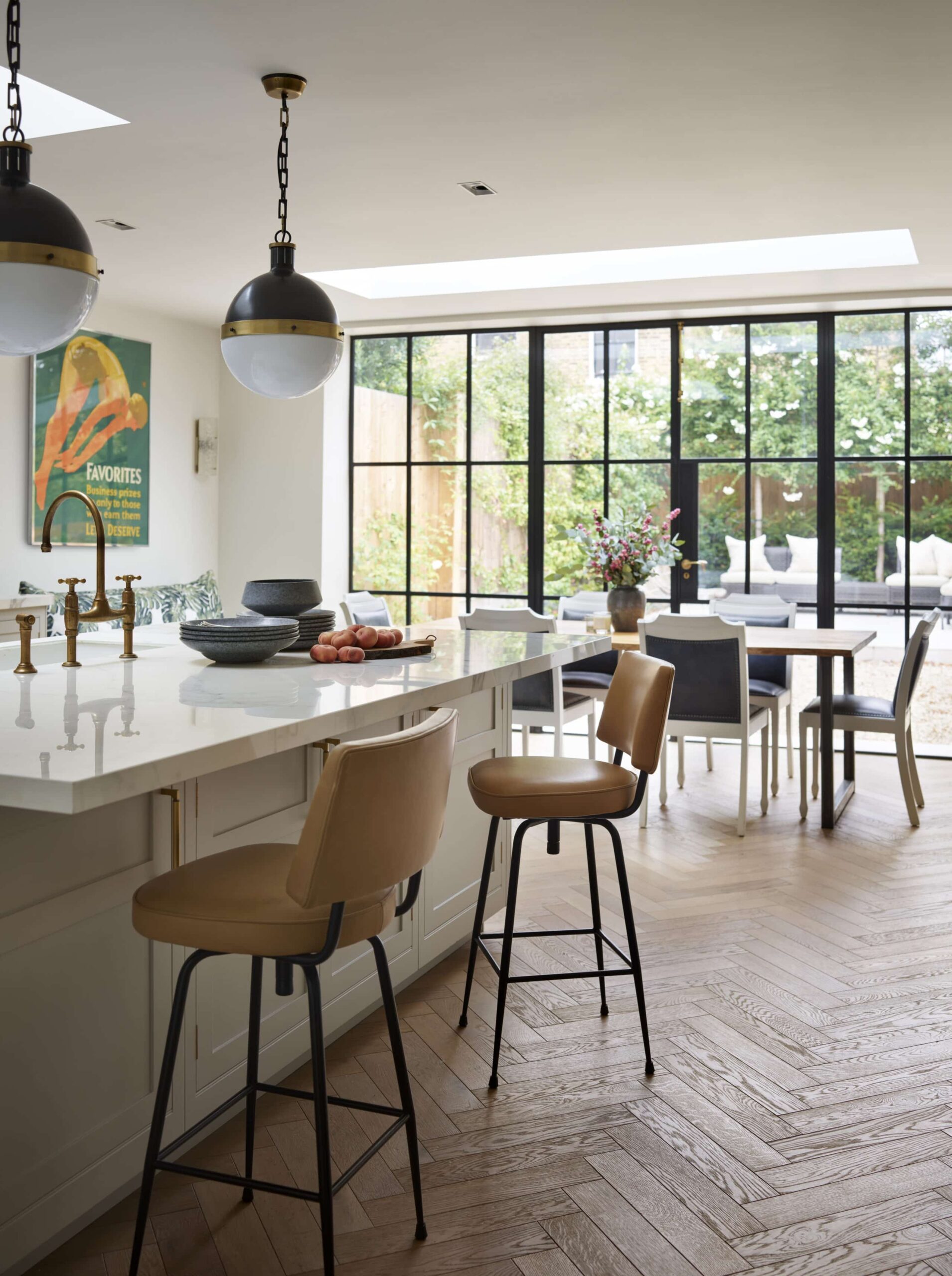 Soft grey kitchen island with natural coloured stools