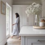 Soft grey kitchen island with silver handles and white worktop