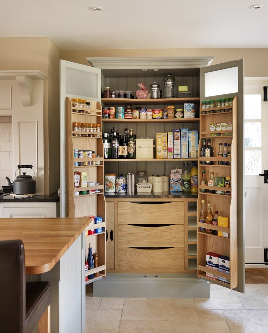 Green-grey tall kitchen pantry open to reveal walnut interior and organised storage