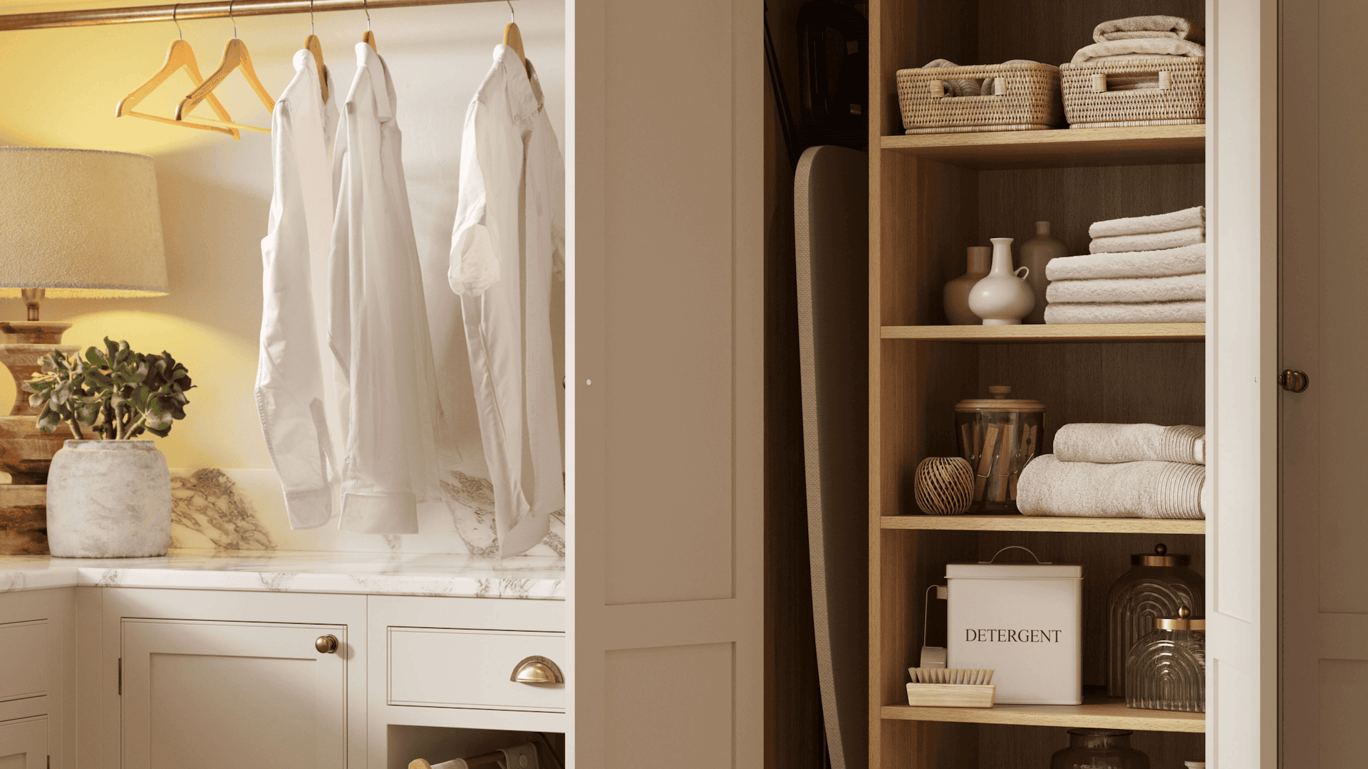 Utility room storage unit showing organised shelving