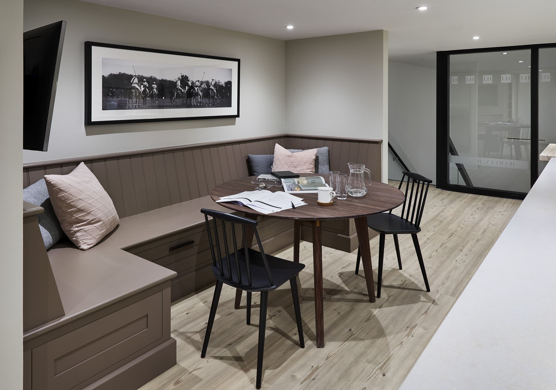 Dining area featuring brown bench seating