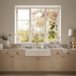 Beige utility room cabinetry featuring appliances and white basin sink