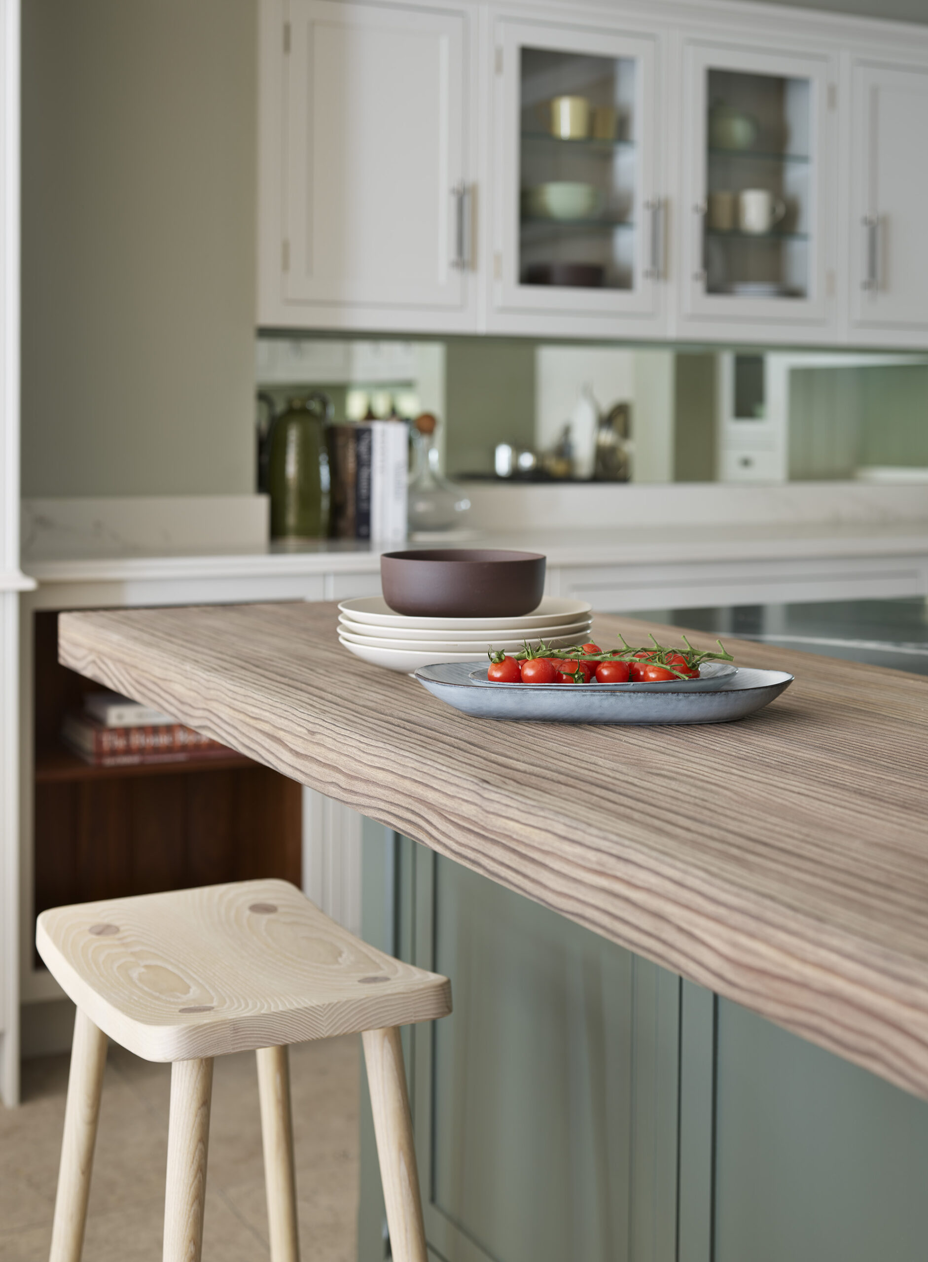 Natural wooden kitchen island extension with wooden stool