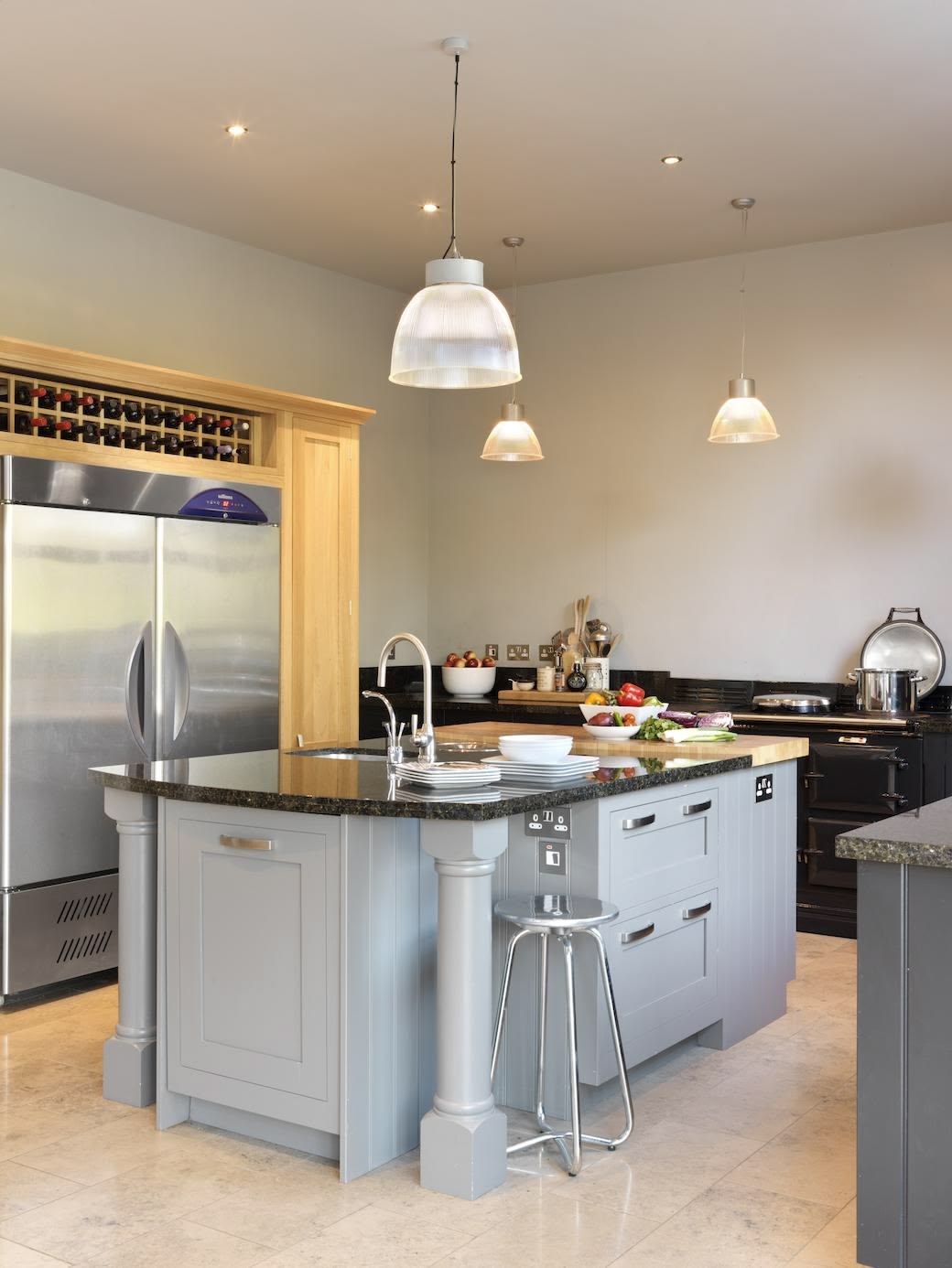 Grey Shaker kitchen island with Angola Blue granite worktop featuring integrated sink