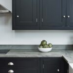 Black Shaker kitchen cabinetry with silver handles and grey granite worktops
