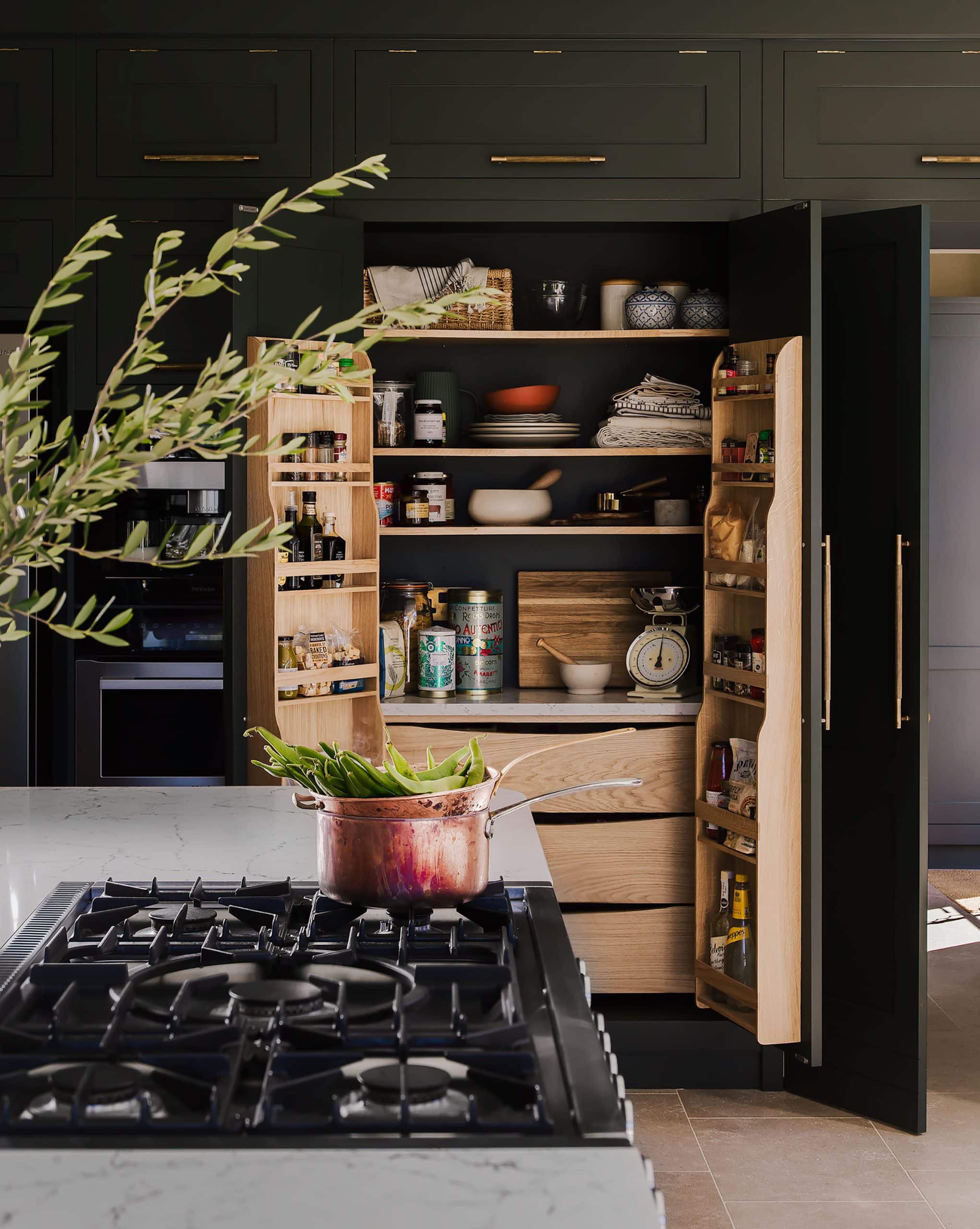 Large dark pantry open to reveal organised storage and drawers