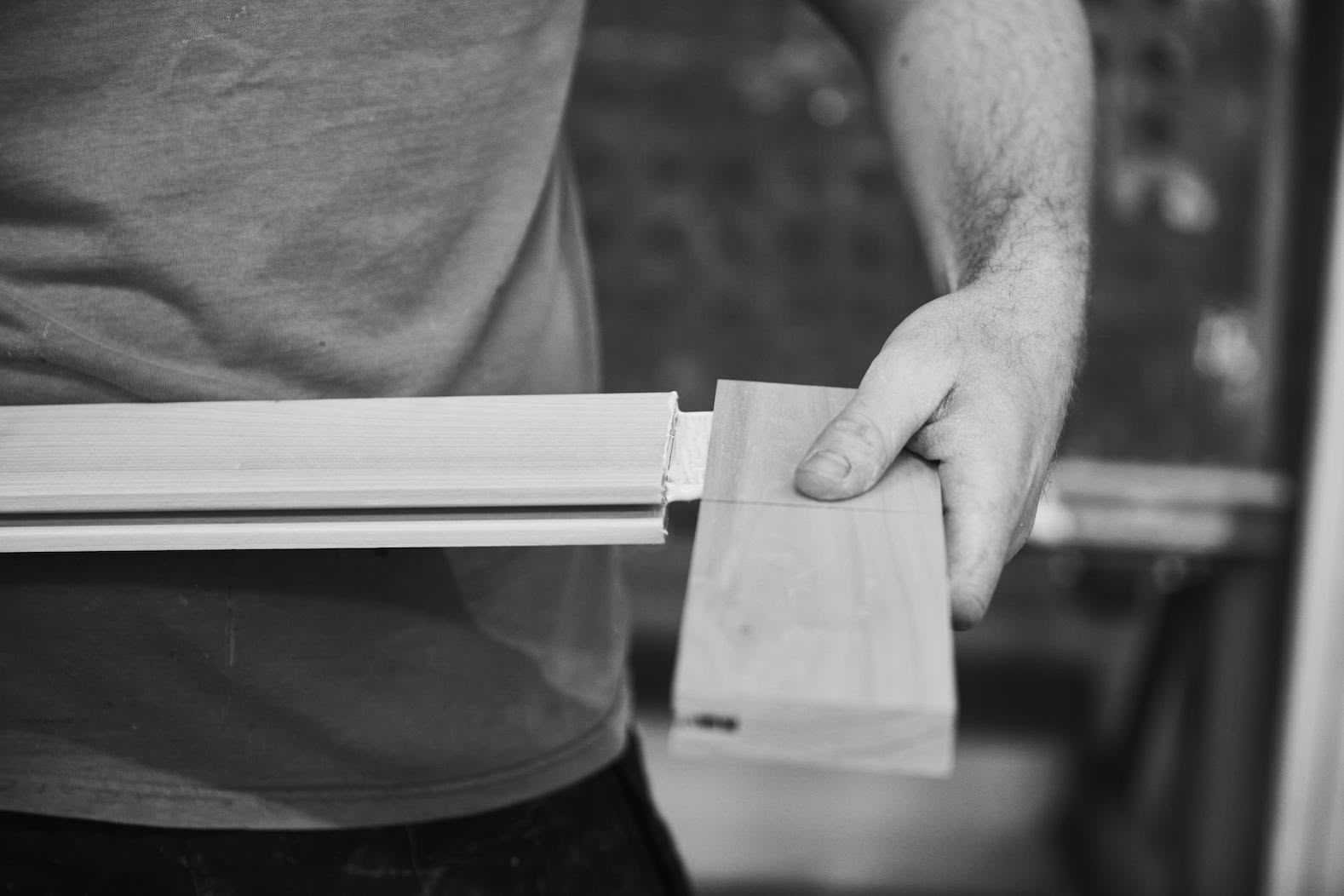 Wooden kitchen cabinet frames joined by hand