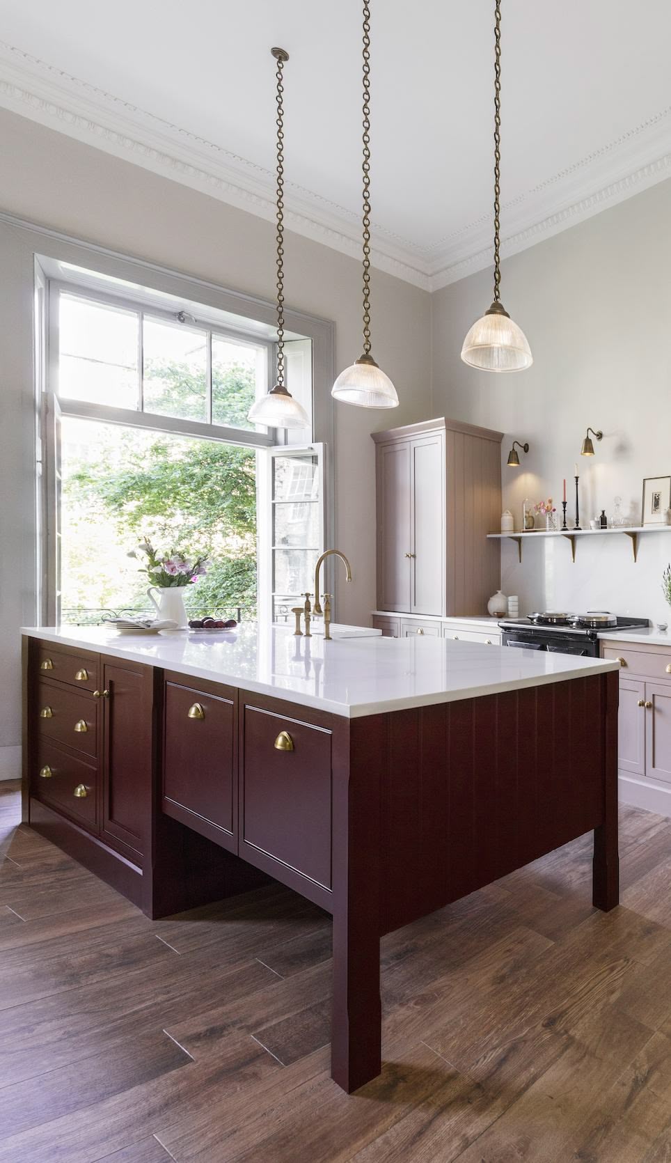 Burgundy kitchen island with white worktop