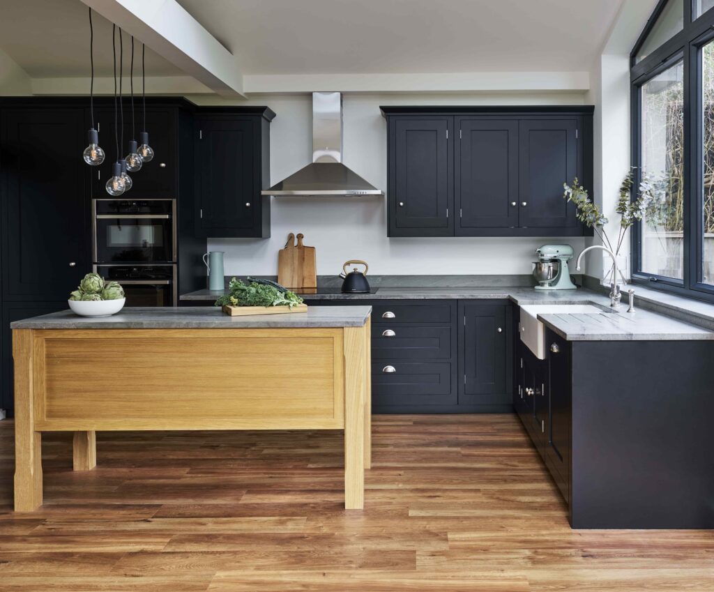Oak kitchen island with grey granite worktop
