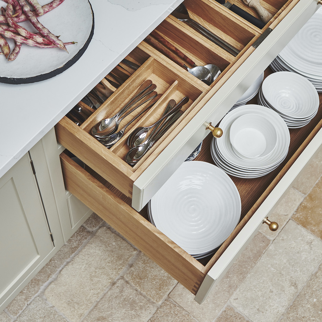 Close up of beige Arbor kitchen draws showing wooden storage dividers