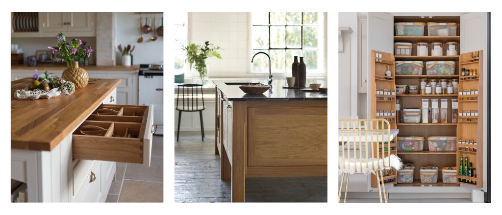 (Left) white kitchen island with dark oak worktop and open drawer showing wood cutlery dividers. (Middle) Oak kitchen island with black worktop. (Right) White kitchen pantry open to show oak interior and organised storage.
