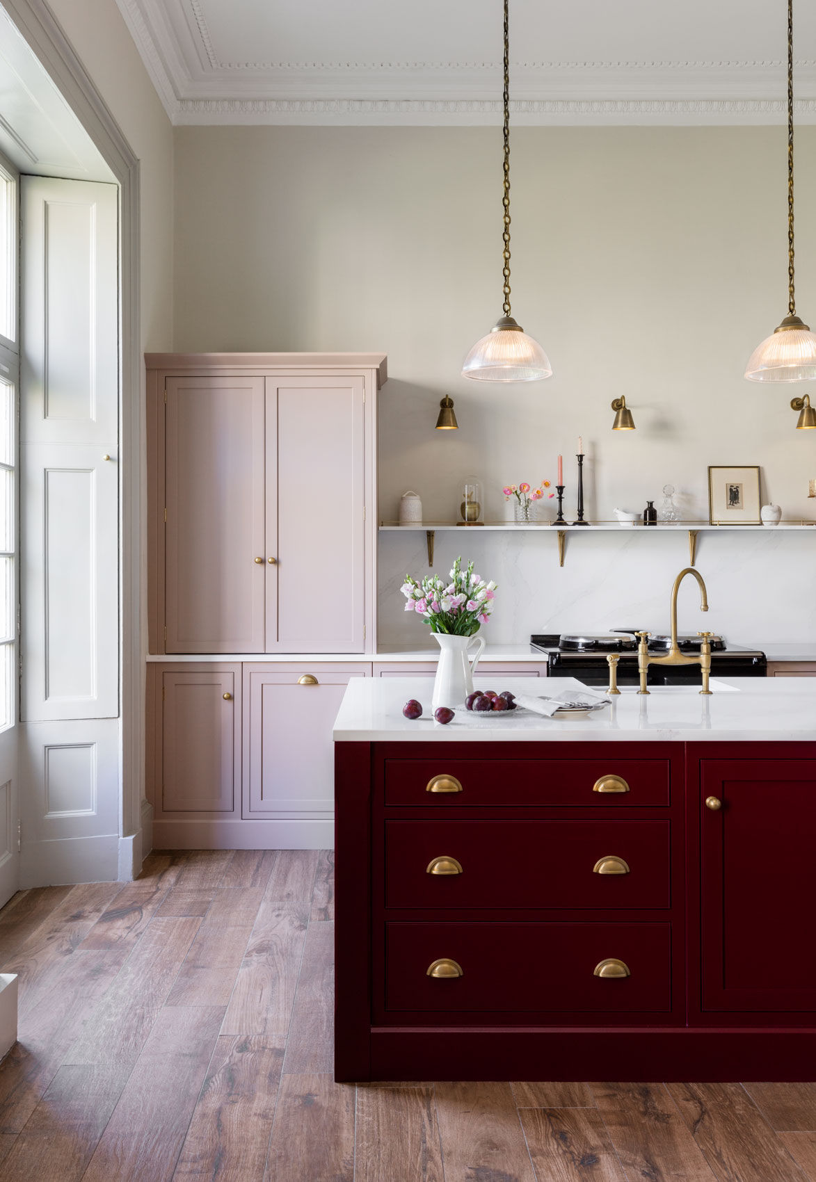 Georgian property kitchen with beautiful blush tones.