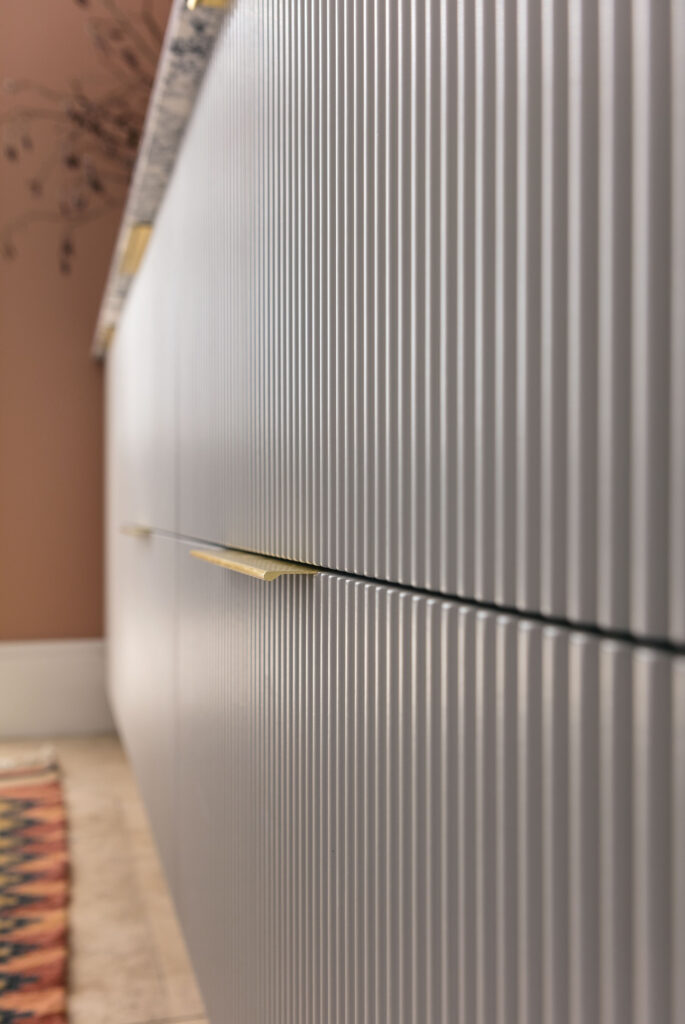 Closeup of Harvey Jones X Swoon reeded kitchen cabinetry design