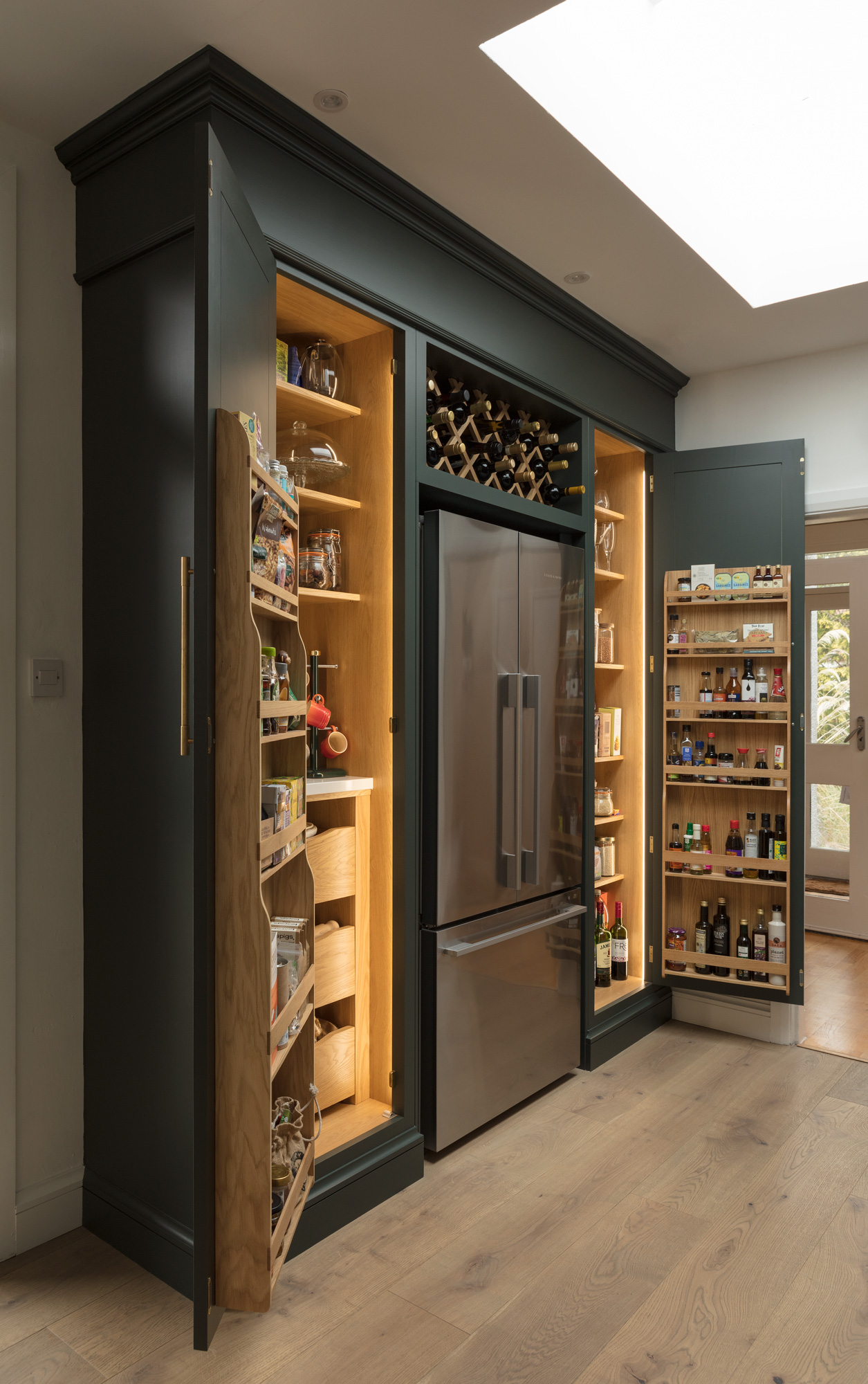 Green Shaker kitchen pantry larder with American style fridge