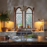 Rectory kitchen featuring Arbor cabinetry, dark wood kitchen island and basin sink