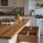 White Original kitchen island drawer open to reveal walnut cutlery dividers