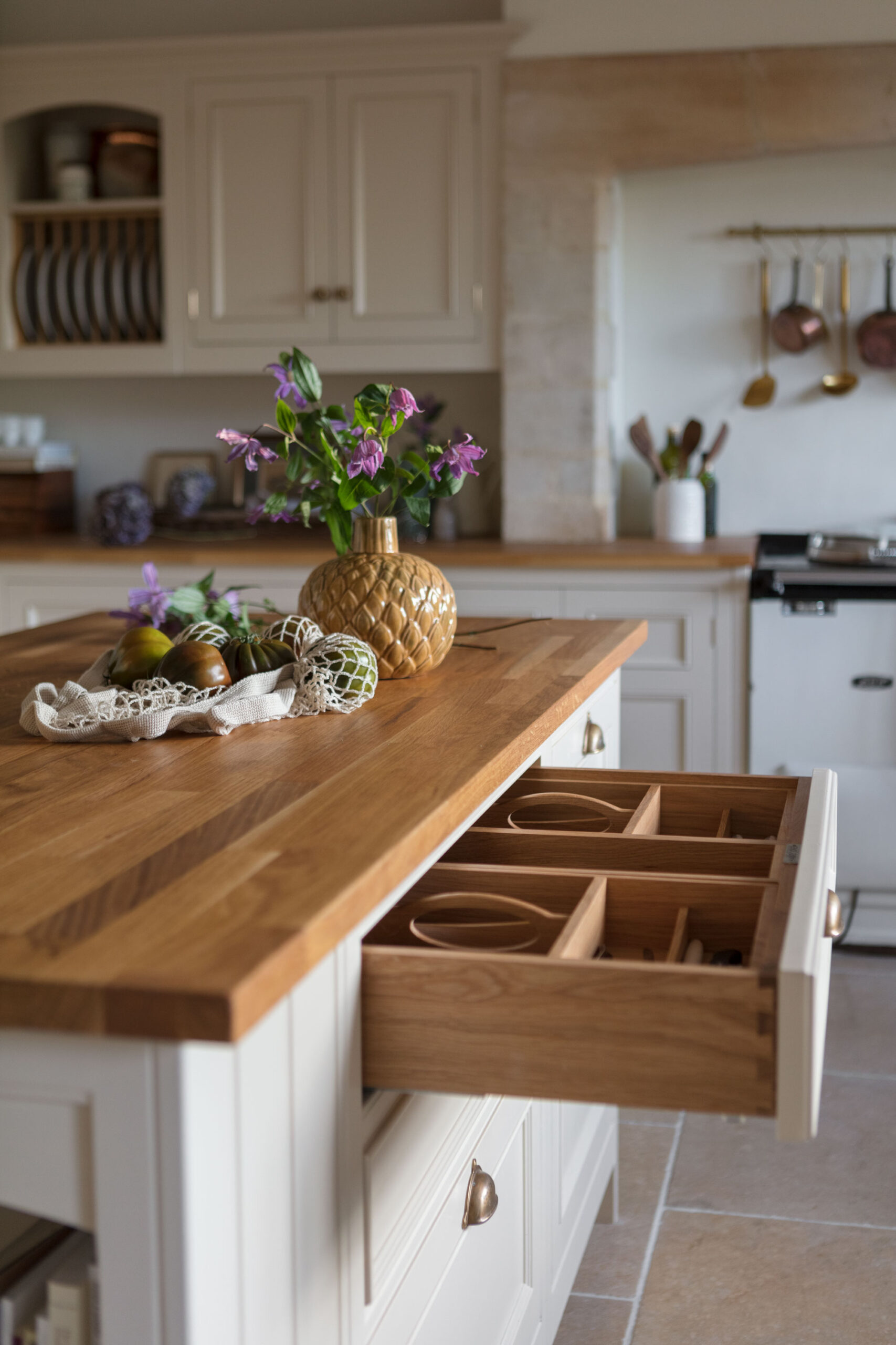 White Original kitchen island drawer open to reveal walnut cutlery dividers
