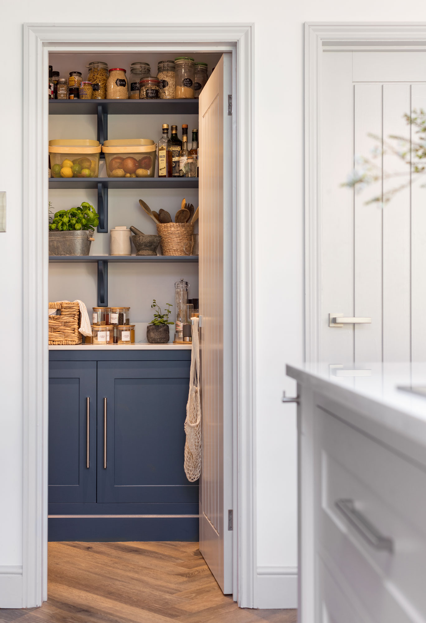 Navy Shaker walkin-in pantry