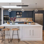 White and blue Shaker kitchen design