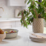 White kitchen island worktop with potted plant and stacked crockery