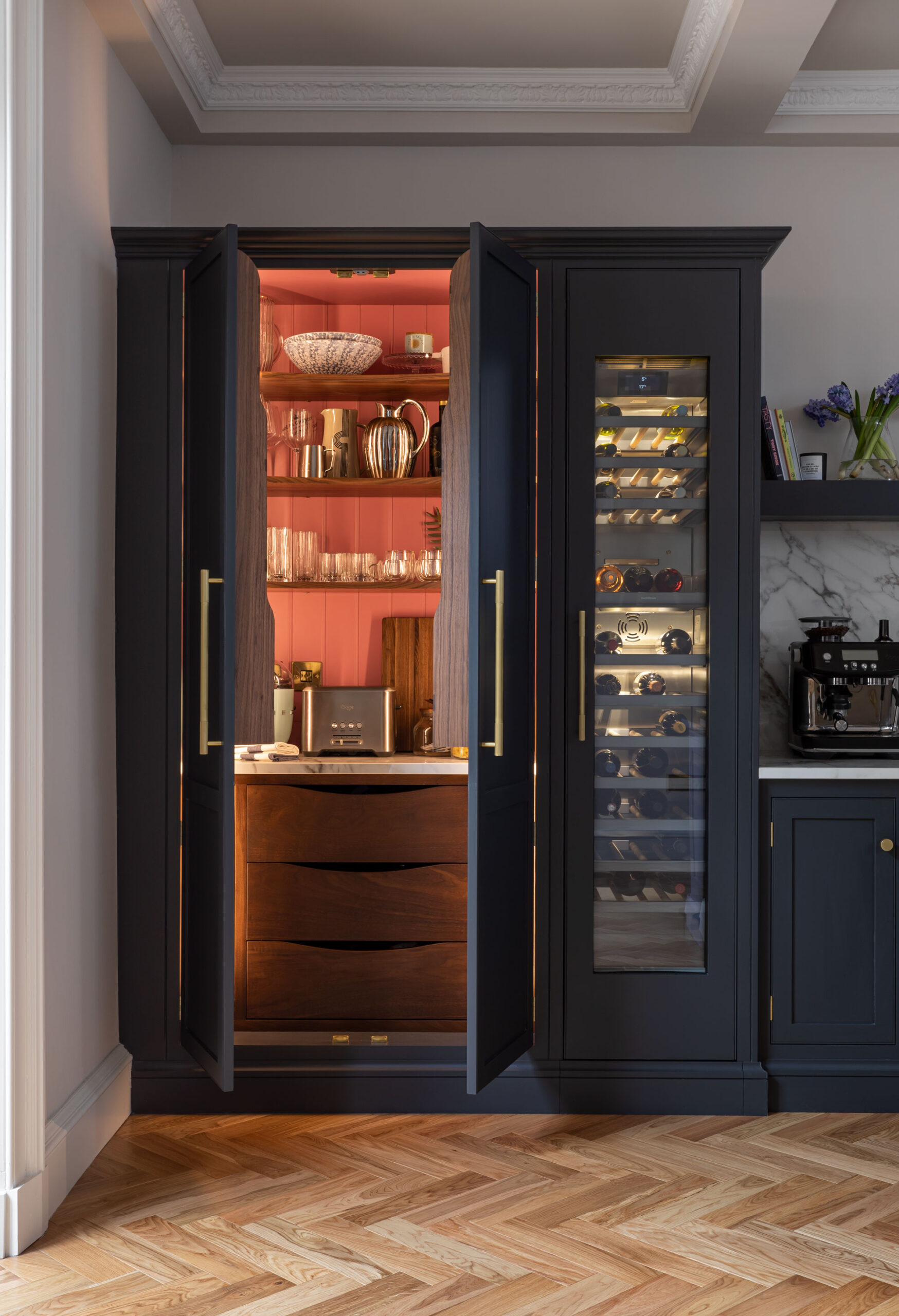 Tall Black Arbor kitchen storage and wine fridge