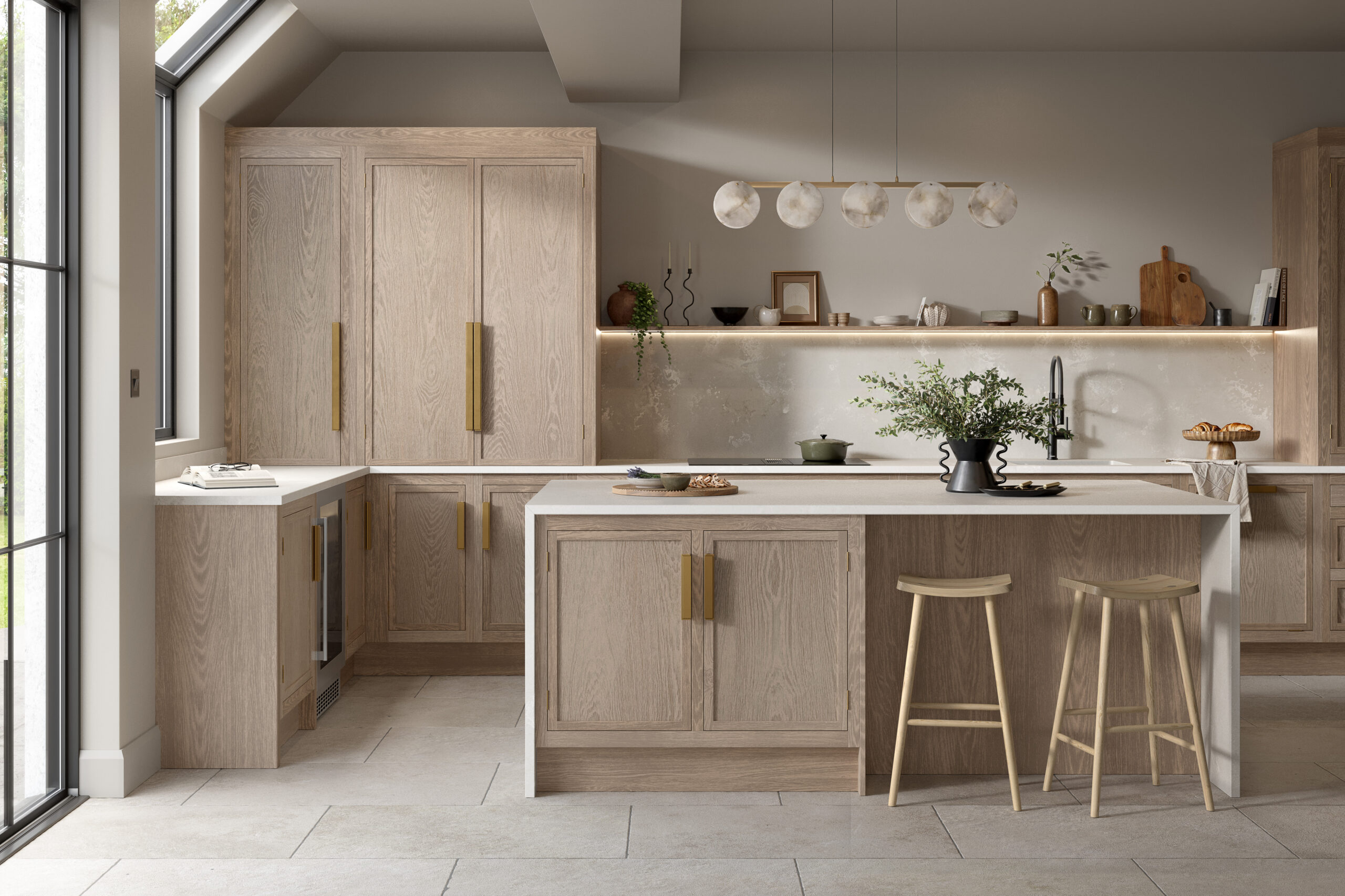 Micro Shaker style wooden kitchen with island and pantry storage in scandi style design