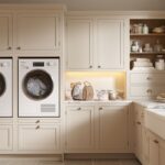 Utility room appliances within beige cabinetry