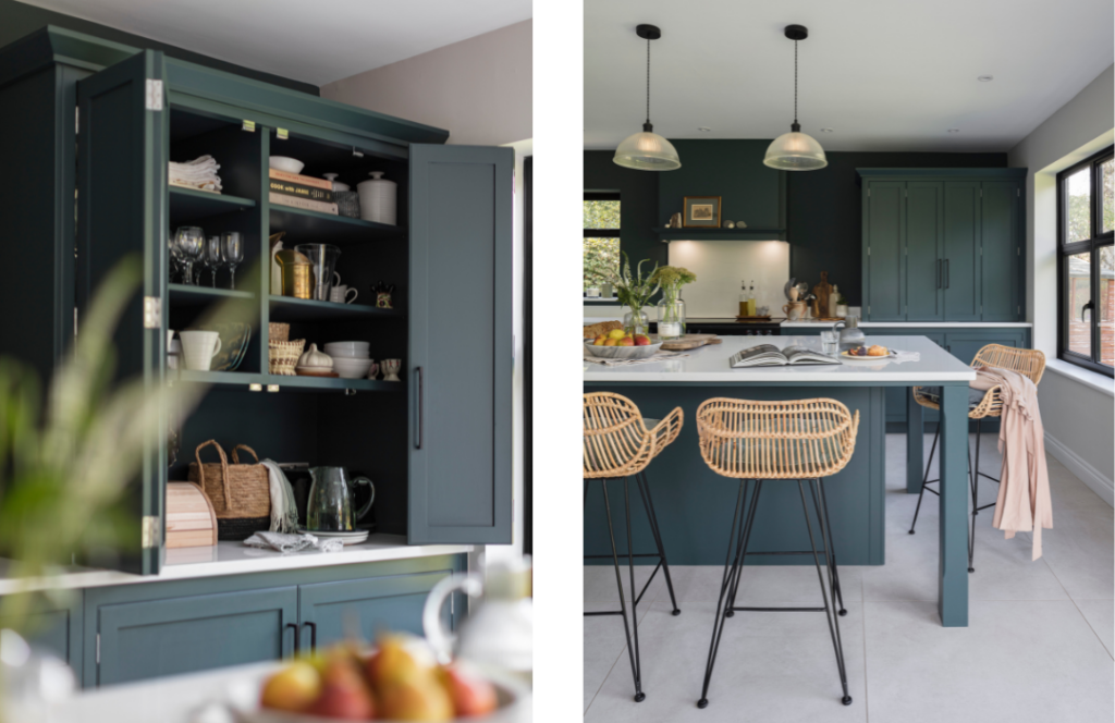 (Left) Large teal dresser open to show organised shelving and hidden workspace. (Right) Teal kitchen island with white worktop featuring weaved back bar stools