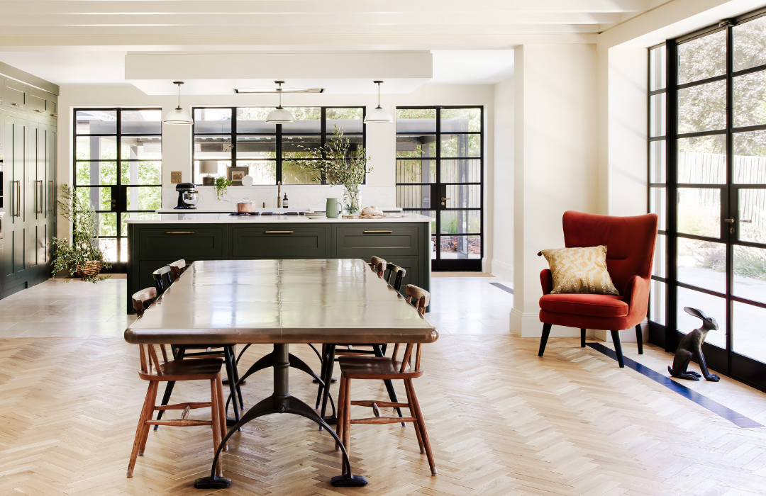 large kitchen with red chair